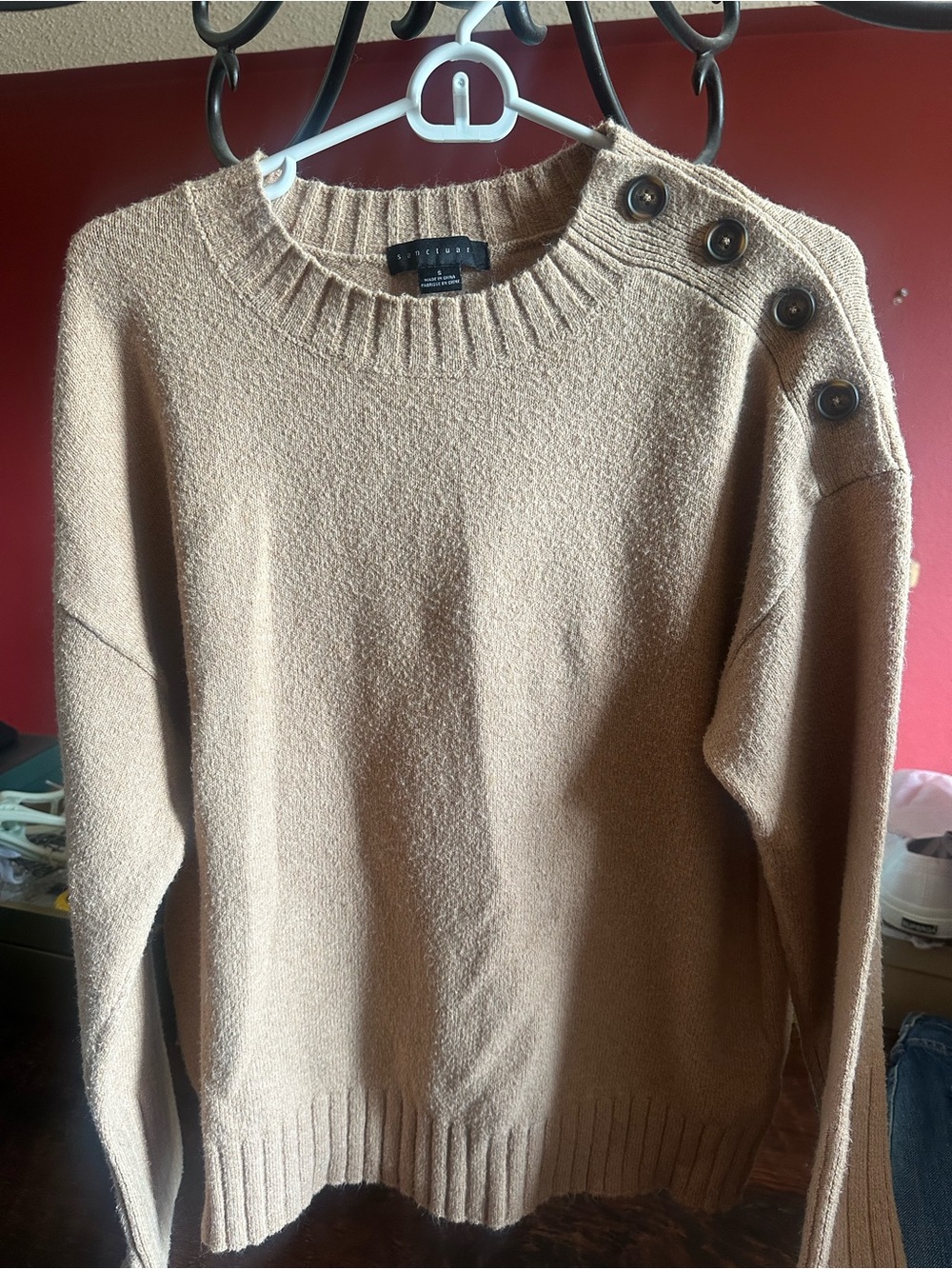 Sanctuary Crewneck Button-Shoulder Sweater in Camel